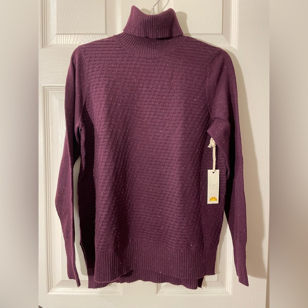 C&C CA Merino Wool Blend-Long Sleeve Ribbed Turtleneck Sweater Berry NWT
